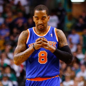 BOSTON, MA - APRIL 26: J.R. Smith #8 of the New York Knicks reacts after missing a shot against the Boston Celtics during Game Three of the Eastern Conference Quarterfinals of the 2013 NBA Playoffs on April 26, 2013 at TD Garden in Boston, Massachusetts. NOTE TO USER: User expressly acknowledges and agrees that, by downloading and or using this photograph, User is consenting to the terms and conditions of the Getty Images License Agreement. (Photo by Jared Wickerham/Getty Images)