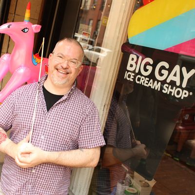 Partner Bryan Petroff, outside the first Big Gay Ice Cream shop, is still smiling.