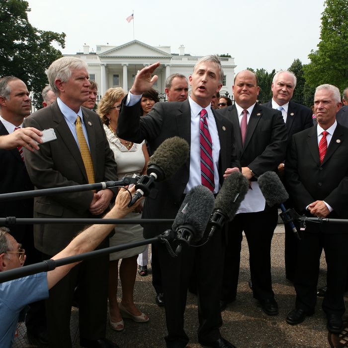 Representative Trey Gowdy (R-SC) addresses the media outside the White House to call attention to a letter that he and fellow Republican House members delivered to the White House calling on President Obama to put his plan for raising the country's debt ceiling in writing, in Washington, Tuesday, July 19, 2011.