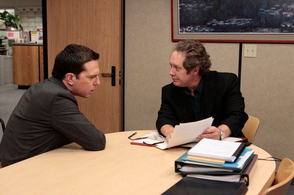 THE OFFICE -- "Doomsday" Episode 803 -- Pictured: (l-r) Ed Helms as Andy Bernard, James Spader as Robert California -- Photo by: Chris Haston/NBC