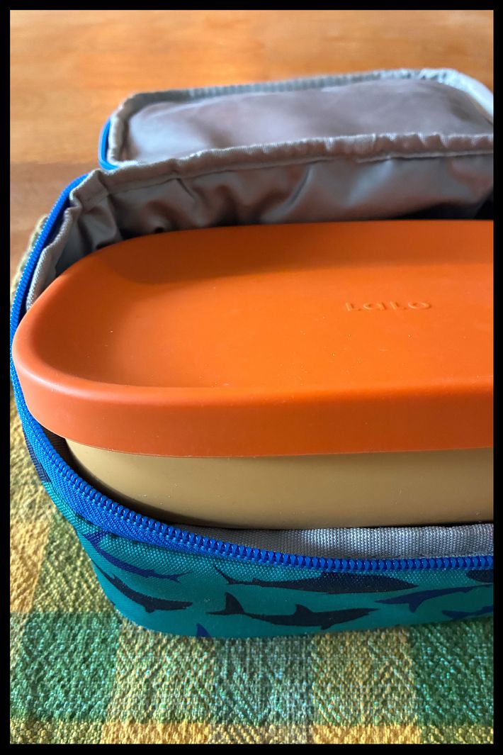 Photo of a Lalo bento box for kids inside a blue Bentgo insulated lunch bag with sharks on it.