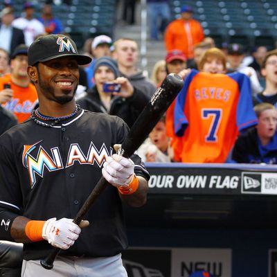 Jose Reyes #7 of the Miami Marlins looks at a tribute video of himself when he played for the New York Mets before his first game back to Citi Field against the Mets on April 24, 2012 at Citi Field in the Flushing neighborhood of the Queens borough of New York City. 