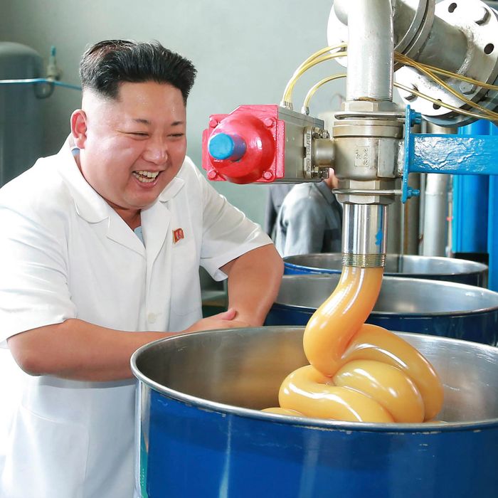 North Korean leader Kim Jong Un smiles during a visit to the Chonji Lubricant Factory, in this undated photo released by North Korea's Korean Central News Agency (KCNA) in Pyongyang August 6, 2014. REUTERS/KCNA (NORTH KOREA - Tags: POLITICS IMAGES OF THE DAY) ATTENTION EDITORS ? THIS PICTURE WAS PROVIDED BY A THIRD PARTY. REUTERS IS UNABLE TO INDEPENDENTLY VERIFY THE AUTHENTICITY, CONTENT, LOCATION OR DATE OF THIS IMAGE. FOR EDITORIAL USE ONLY. NOT FOR SALE FOR MARKETING OR ADVERTISING CAMPAIGNS. NO THIRD PARTY SALES. NOT FOR USE BY REUTERS THIRD PARTY DISTRIBUTORS. SOUTH KOREA OUT. NO COMMERCIAL OR EDITORIAL SALES IN SOUTH KOREA. THIS PICTURE IS DISTRIBUTED EXACTLY AS RECEIVED BY REUTERS, AS A SERVICE TO CLIENTS - RTR41DI9