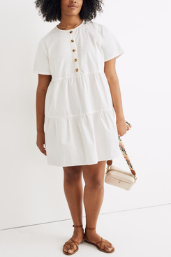 Madewell Button-Front Short-Sleeve Tiered Mini Dress
