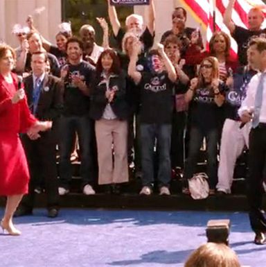 Here's Elaine Barrish on the campaign trail, shilling for Adrian Pasdar's Garcetti (who eventually gets elected president). There is no skirt-length less flattering or more awkward than the length that hits riiiiight at the widest part of the calf. But this is just a harbinger of the skirt nightmares to come.
