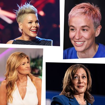 A photo collage of P!nk, Connie Britton, Megan Rapinoe, and Kamala Harris.