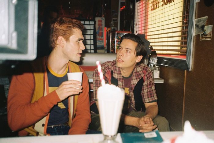 Apa and Cole Sprouse on set at Pop’s Chock’lit Shoppe.
