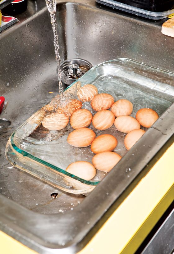 There wasn&#8217;t a pot big enough for the eggs, so Saffer boiled water in a teakettle, put all the eggs in a Pyrex dish, and then poured hot water over them.