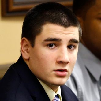 Trent Mays, 17, left, and 16-year-old Ma'lik Richmond sit at the defense table before the start of their trial on rape charges in juvenile court on Wednesday, March 13, 2013 in Steubenville, Ohio. Mays and Richmond are accused of raping a 16-year-old West Virginia girl in August of 2012. (AP Photo/Keith Srakocic, Pool)