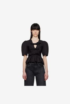 GANNI Black Stretch Cotton Tie Strap Blouse