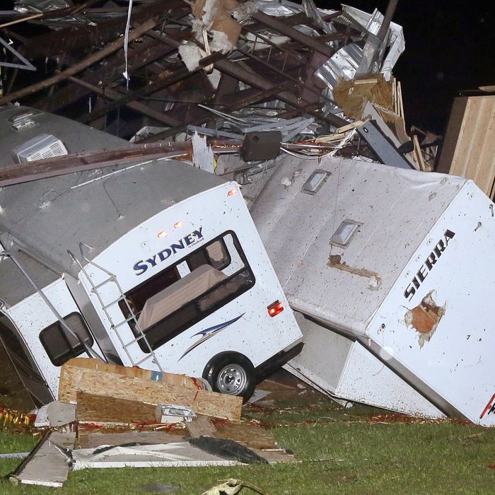 Travel trailers and motor homes are piled on top of each other at Mayflower RV in Mayflower, Ark., Sunday, April 27, 2014.A powerful storm system rumbled through the central and southern United States on Sunday, spawning tornadoes. (AP Photo/Danny Johnston)