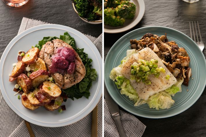 Peppered pork steak; soy-ginger steamed hake.