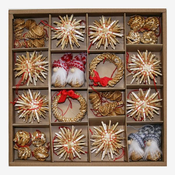Straw Snowflake and Star Ornaments, Set of 56