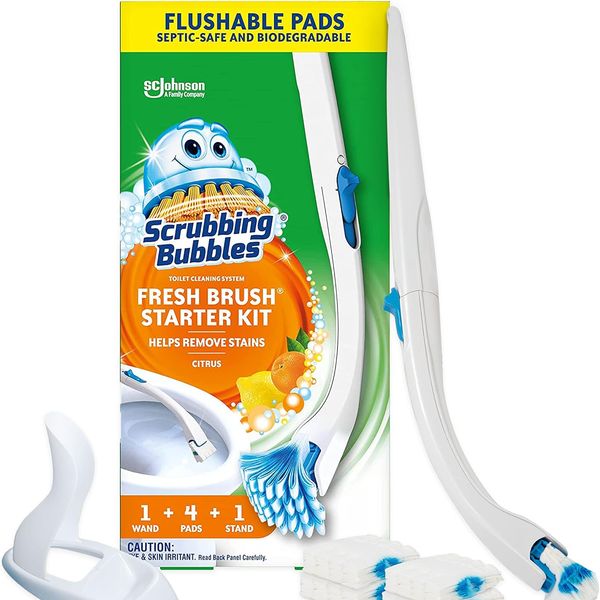 Scrubbing Bubbles toilet brush and holder with toilet cleaner refill pads