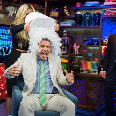 WATCH WHAT HAPPENS LIVE -- Pictured (l-r): Andy Cohen, Kim Zolciak and Bruce Bozzi -- (Photo by: Charles Sykes/Bravo/NBCU Photo Bank)