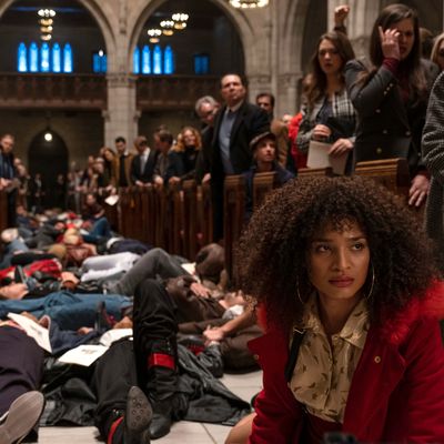 Angel (Indya Moore) at Pose's re-creation of the St. Patrick's Cathedral die-in.