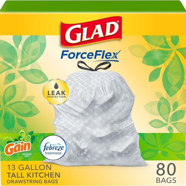 Glad Trash Bags, ForceFlex Tall Garbage Bags, 13 Gal, Gain Febreze - 80 ct.