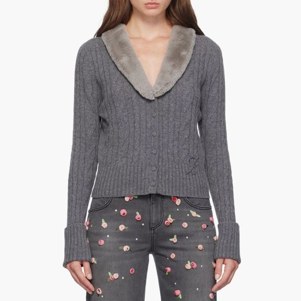 Blumarine Gray Faux-Fur Collar Cardigan