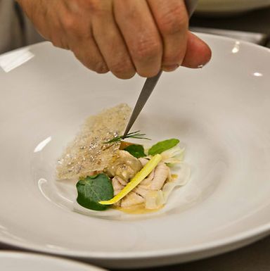 Plating white meat with "oyster stuffing."