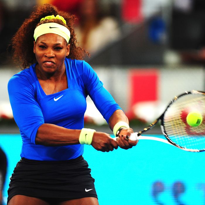 Serena Williams of USA plays a backhand during her 2nd round match against Anasasia Pavlyuchenkova of Russia during the Mutua Madrilena Madrid Open