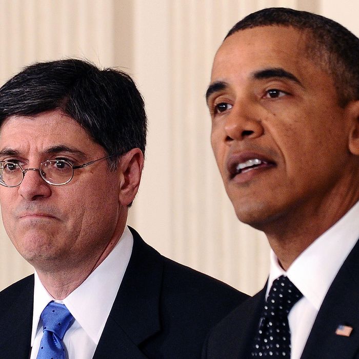 US President Barack Obama (R) speaks to announce change of his chief of staff at the State Dinning Room of the White House in Washington, DC, on January 9, 2012 as his replacement chief of staff Jacob Lew looks on.
