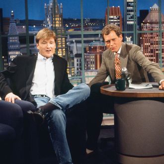 LATE NIGHT WITH DAVID LETTERMAN -- Episode 1245 -- Pictured: (l-r) TV writer and 'Late Night' successor Conan O'Brien, host David Letterman on May 4, 1993 -- (Photo by: Al Levine/NBC/NBCU Photo Bank)