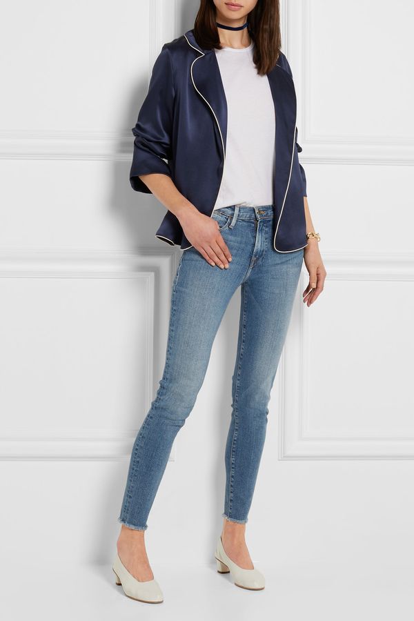 Frame mid-rise frayed skinny jeans