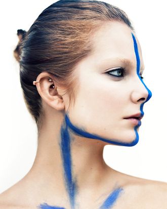 Eniko Mihalik all blue and stripey.