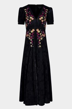 Saloni Lea Long Dress - Black Bright Flowers Embroidery