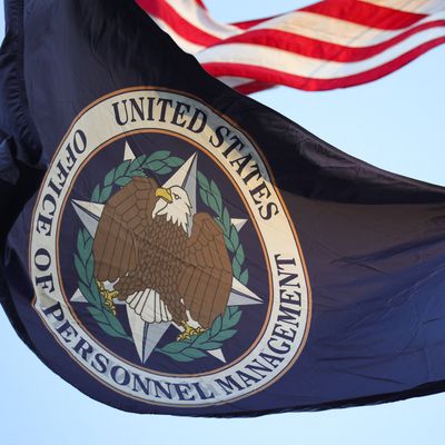 An organizational flag flies outside of the Office of Personnel Management in Washington, D.C. on February 7.