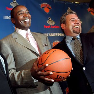 UNITED STATES - JULY 28: Basketball Hall of Famer Larry Brown, New York Knicks' president Isiah Thomas and Madison Square Garden chairman James Dolan (l. to r.) get together during a noon news conference in the Theater at the Garden, where Brown was formally introduced as the Knicks' new head coach. He's believed to have secured a four-year contract with a salary of at least $8 million annually. (Photo by Ron Antonelli/NY Daily News Archive via Getty Images)