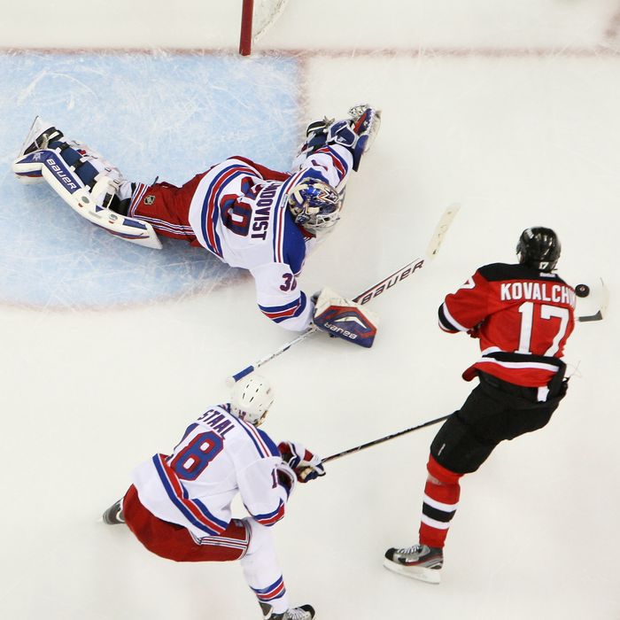 NEWARK, NJ - MAY 19: Henrik Lundqvist #30 of the New York Rangers defends against Ilya Kovalchuk #17 of the New Jersey Devils in Game Three of the Eastern Conference Final during the 2012 NHL Stanley Cup Playoffs at the Prudential Center on May 19, 2012 in Newark, New Jersey. (Photo by Jim McIsaac/Getty Images)