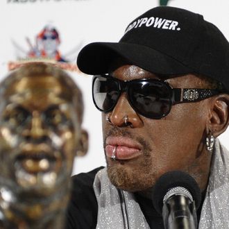 Former-NBA player Dennis Rodman holds a news conference in New York on September 9, 2013 to discuss his recent trip to North Korea. Rodman said that he will put together a 'basketball diplomacy' event involving players from North Korea. The event will be sponsored by the Irish online betting company Paddy Power. At the news conference, he called Kim Jong Un, ruler of the repressive state, a 'very good guy.'