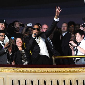 Jay-Z performs at Carnegie Hall to Benefit the United Way of New York City and the Shawn Carter Foundation on February 7, 2012 in New York City. 