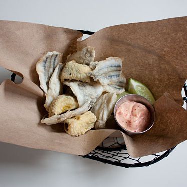 fried pickles, lime, Sriracha-tobiko sauce