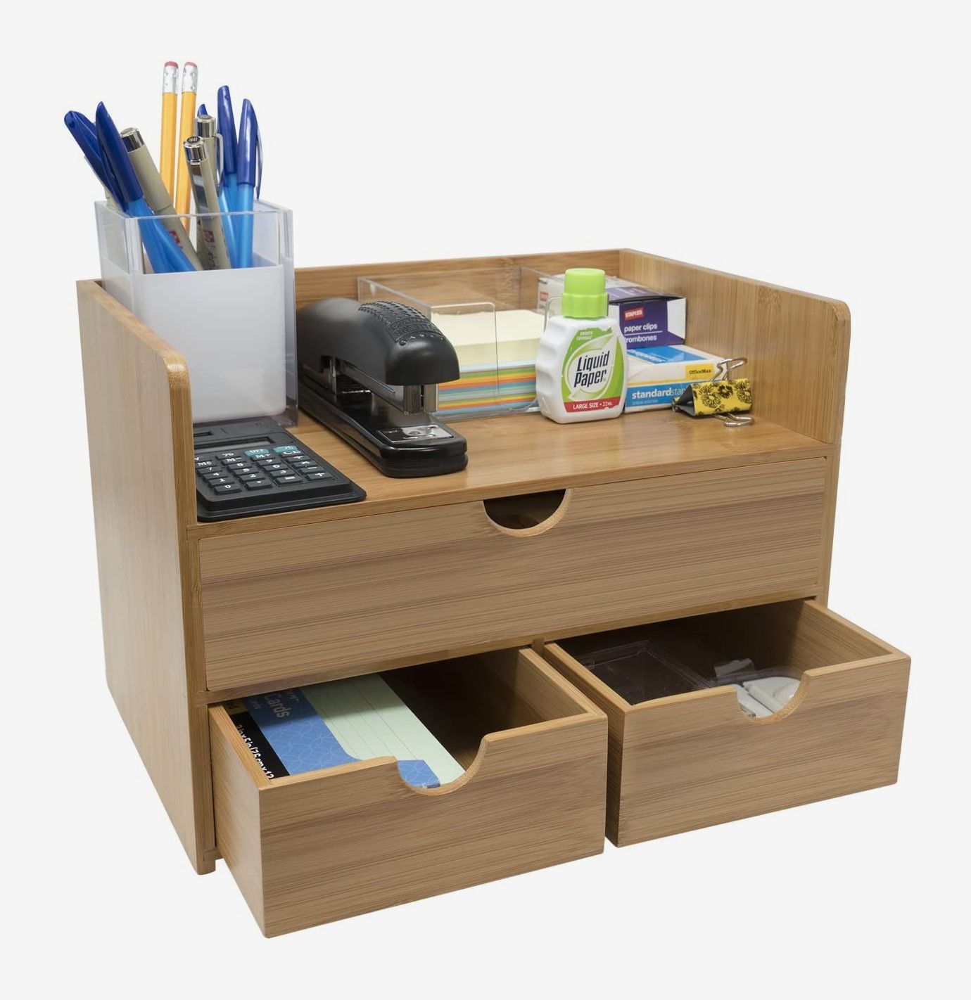 Wooden Desk Organizer w/ Drawers Office Supplies Desktop Tabletop Rack Holder