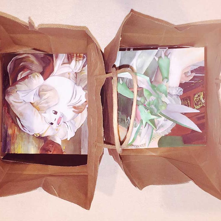 New Jeanette Hayes paintings in Starbucks bags for delivery.