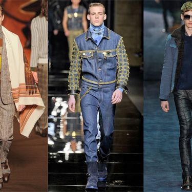 New menswear looks from Etro, Versace, and Gucci.