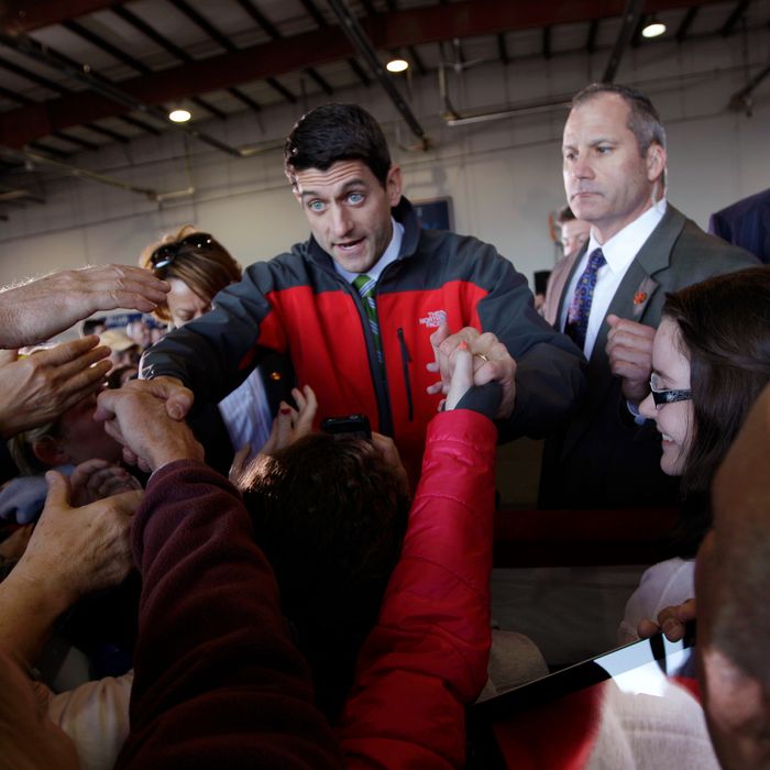 Republican vice presidential candidate, Rep. Paul Ryan, R-Wis., greets the supporters during a campaign event at Richmond International Airport,, Saturday, Nov. 3, 2012 in Richmond, Va. (AP Photo/Mary Altaffer)