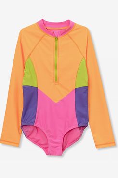 Lands’ End Girls Chlorine Resistant Long Sleeve One Piece Half Zip Swimsuit