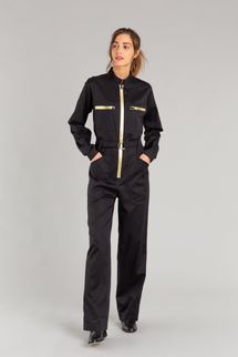 Agnes B. Black and Golden Cotton Satin Jumpsuit with Plastic Zip