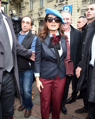 Salma Hayek in her blue beret.