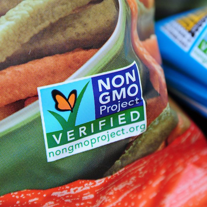 Labels on bags of snack foods indicate they are non-GMO food products, in Los Angeles, California, October 19, 2012. California could become the first US state to enforce labeling of genetically modified foodstuffs also know as GMO's, in a vote next month pitting agro-chemical manufacturing giants against die-hard opponents of so-called 