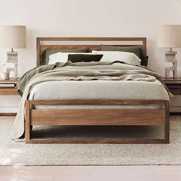 Crate & Barrel Linea Natural Teak Wood Queen Bed
