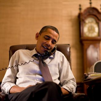President Barack Obama makes an election night phone call to Rep. John Boehner (R-Ohio) from his Treaty Room office in the White House residence, Nov. 2, 2010.