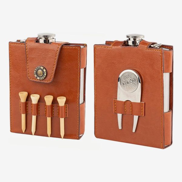 Re Goods Golf Flask With Leather Case Gift Set - 7oz