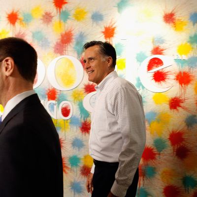 Republican presidential candidate, former Massachusetts Gov. Mitt Romney (R) is given a tour by Google Vice President Jim Lecinski at the Google Chicago headquarters
