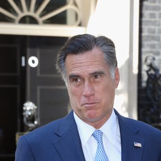LONDON, ENGLAND - JULY 26: Mitt Romney, the Republican nominee for the USA presidential election, leaves 10 Downing Street after meeting with British Prime Minister David Cameron on July 26, 2012 in London, England. Mr Romney is meeting various leaders, past and present, on his visit to the UK, including Tony Blair, Ed Miliband and Nick Clegg. (Photo by Oli Scarff/Getty Images)