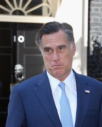 LONDON, ENGLAND - JULY 26: Mitt Romney, the Republican nominee for the USA presidential election, leaves 10 Downing Street after meeting with British Prime Minister David Cameron on July 26, 2012 in London, England. Mr Romney is meeting various leaders, past and present, on his visit to the UK, including Tony Blair, Ed Miliband and Nick Clegg. (Photo by Oli Scarff/Getty Images)