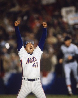 FLUSHING, NY - OCTOBER 27: Pitcher Jesse Orosco #47 of the New York Mets reacts after defeating the Boston Red Sox in Game Seven of the World Series at Shea Stadium on October 27,1986 in Flushing, New York. The Mets defeated the Red Sox 8-5. (Photo by Focus On Sport/Getty Images)